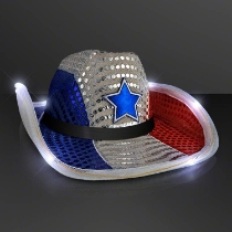 Custom Red White & Blue Cowboy Hat with Black Band (Pack of 24) red white blue cowboy hat, patriotic cowboy hat, LED cowboy hat, light up cowboy hat, sequin cowboy hat, bulk patriotic hats, flashing cowboy hat, Fourth of July accessories, western party hats, pack of 24 cowboy hats