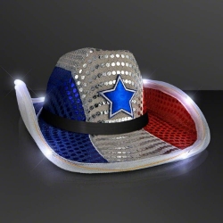 Custom Red White & Blue Cowboy Hat with Black Band (Pack of 24) red white blue cowboy hat, patriotic cowboy hat, LED cowboy hat, light up cowboy hat, sequin cowboy hat, bulk patriotic hats, flashing cowboy hat, Fourth of July accessories, western party hats, pack of 24 cowboy hats