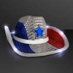 Custom Red White & Blue Cowboy Hat with White Band (Pack of 24) red white blue cowboy hat, patriotic cowboy hat, LED cowboy hat, light up cowboy hat, sequin cowboy hat, red white blue hat white band, bulk patriotic hats, flashing cowboy hat, Fourth of July accessories, western party hats, pack of 24 cowboy hats