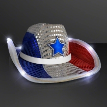 Custom Red White & Blue Cowboy Hat with White Band (Pack of 24) red white blue cowboy hat, patriotic cowboy hat, LED cowboy hat, light up cowboy hat, sequin cowboy hat, red white blue hat white band, bulk patriotic hats, flashing cowboy hat, Fourth of July accessories, western party hats, pack of 24 cowboy hats