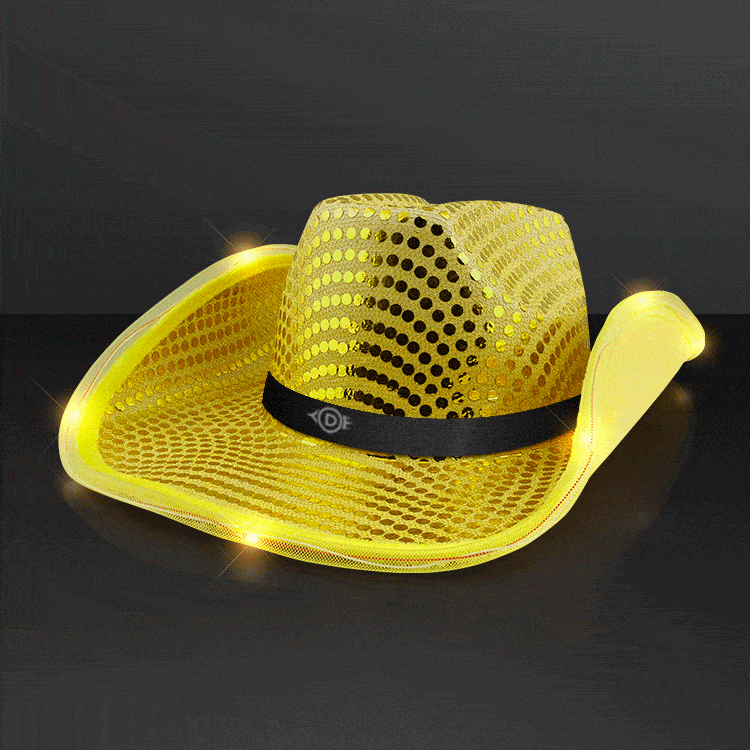 Custom Shiny Gold Cowboy Hat with Black Band (Pack of 24) gold cowboy hat, shiny gold cowboy hat, LED cowboy hat, light up cowboy hat, gold party hats, flashing cowboy hat, blinking cowboy hat, western party accessories, event favors cowboy hats