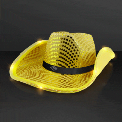 Custom Shiny Gold Cowboy Hat with Black Band (Pack of 24) gold cowboy hat, shiny gold cowboy hat, LED cowboy hat, light up cowboy hat, gold party hats, flashing cowboy hat, blinking cowboy hat, western party accessories, event favors cowboy hats