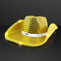 Custom Shiny Gold Cowboy Hat with White Band (Pack of 24) gold cowboy hat, shiny gold cowboy hat, white band cowboy hat, LED cowboy hat, light up cowboy hat, gold party hats, flashing cowboy hat, blinking cowboy hat, western party accessories, event favors cowboy hats