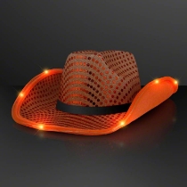 Custom Shiny Orange Cowboy Hat with Black Band (Pack of 24) orange cowboy hat, shiny orange cowboy hat, LED cowboy hat, light up cowboy hat, orange party hat, flashing cowboy hat, blinking cowboy hat, western party accessories, orange cowboy hat pack, event favors cowboy hats
