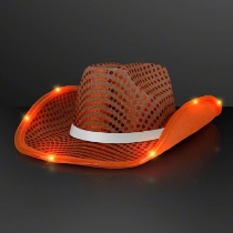 Custom Shiny Orange Cowboy Hat with White Band (Pack of 24) orange cowboy hat, shiny orange cowboy hat, white band cowboy hat, LED cowboy hat, light up cowboy hat, orange party hat, flashing cowboy hat, blinking cowboy hat, western party accessories, orange cowboy hat pack, event favors cowboy hats