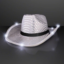 Custom Silver Sequin Cowboy Hat with Black Band (Pack of 24) silver sequin cowboy hat, LED cowboy hat, light up cowboy hat, silver cowboy hat bulk, flashing cowboy hat, western party accessories, sequin cowboy hats pack of 24, glow party hats, event accessories