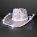 Custom Silver Sequin Cowboy Hat with White Band (Pack of 24) silver sequin cowboy hat, LED cowboy hat, light up cowboy hat, silver cowboy hat white band, bulk cowboy hats, flashing cowboy hat, western party accessories, sequin cowboy hats pack of 24, glow party hats, event accessories