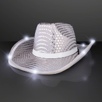 Custom Silver Sequin Cowboy Hat with White Band (Pack of 24) silver sequin cowboy hat, LED cowboy hat, light up cowboy hat, silver cowboy hat white band, bulk cowboy hats, flashing cowboy hat, western party accessories, sequin cowboy hats pack of 24, glow party hats, event accessories