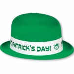 Custom imprinted band on a green velour material derby hat.