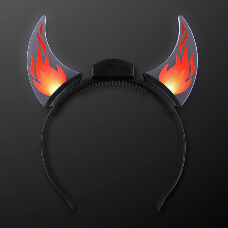 Dancing Flames Light Up Devil Horn Headband (Pack of 12) light up devil horns, dancing flame headband, LED devil horn headband, glow party accessories, Halloween light up horns, CR2032 LED headband, animated flame horns, Party Express devil horns