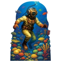 Deep Sea Diver Stand-Up  (Pack of 4) Deep Sea Diver stand-up, underwater party décor, nautical decorations, ocean theme props, photo booth stand-ups, marine event décor, Party Express Deep Sea Diver, under-the-sea decorations, diver silhouette props