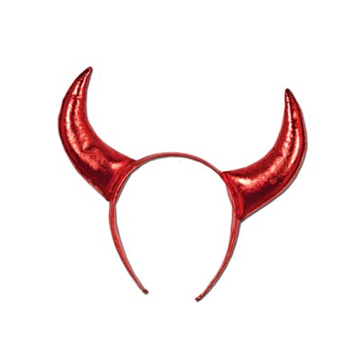 Red headband with plush devil horns attached. 