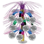 colorful table centerpiece with disco balls attached