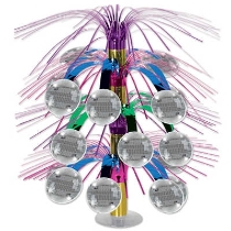 colorful table centerpiece with disco balls attached