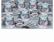 Disco 1970's themed new year's eve party kit with hats, tiaras, horns, and beads