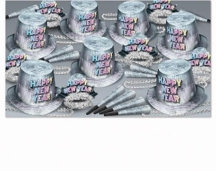 Disco 1970s themed new years eve party kit with hats, tiaras, horns, and beads