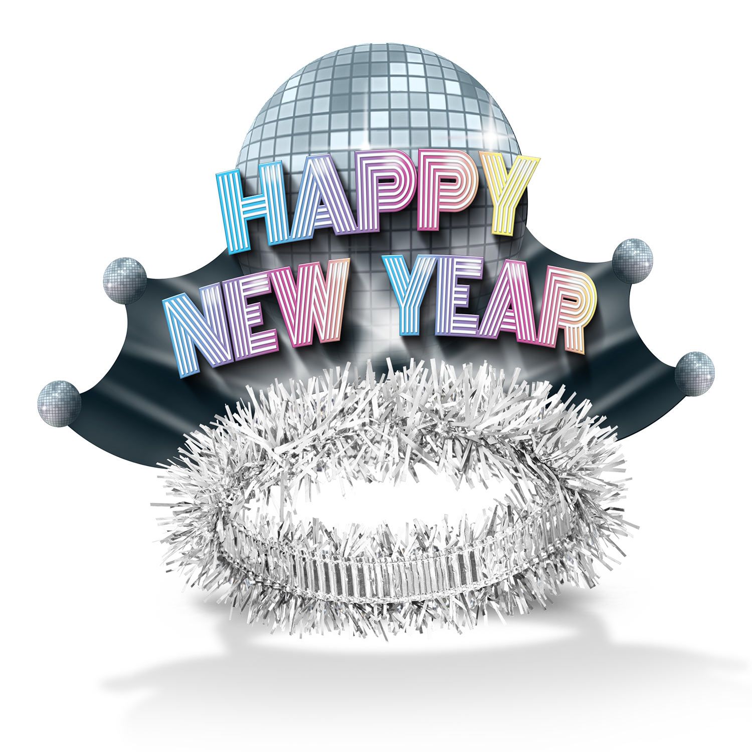 Happy New Year tiaras with a 1970s disco ball in the design