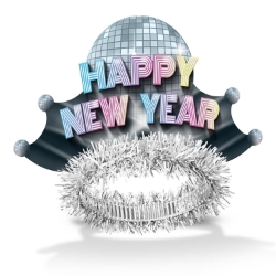 Happy New Year tiaras with a 1970s disco ball in the design