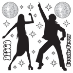 Disco Props of a male, female and many other designs printed on thin plastic material.