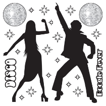 Disco Props of a male, female and many other designs printed on thin plastic material.