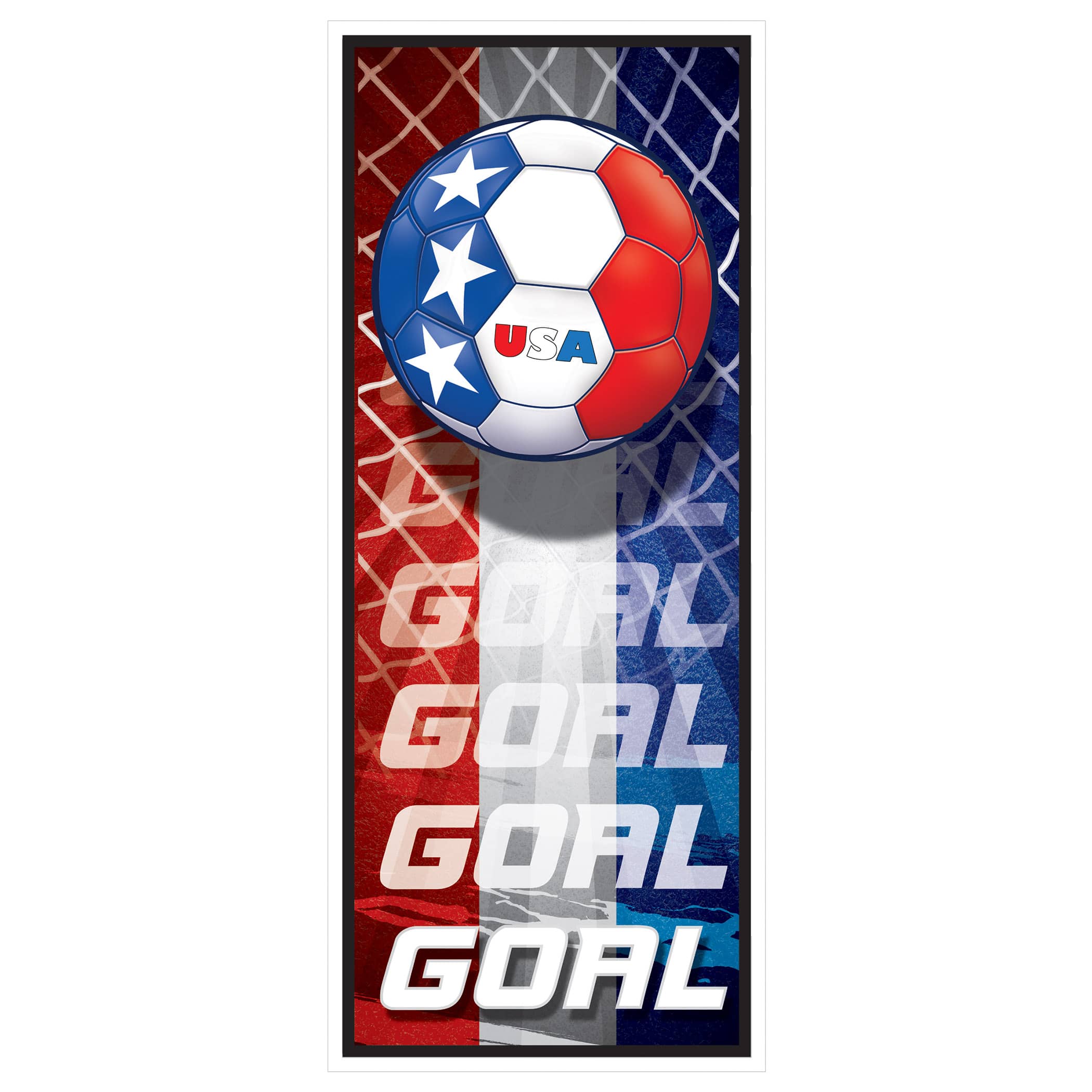 Soccer Door Cover - United States (Pack of 12) United States door cover, USA soccer door cover, American party decorations, patriotic décor, soccer party decorations, USA theme party supplies, pack of 12 door covers, international party decorations, Party Express USA décor