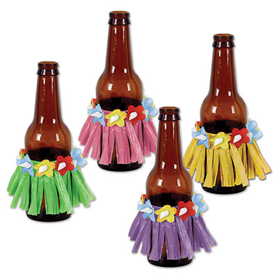 Beer bottle hula shirts made of plastic material in green, pink, purple and yellow including flowers.