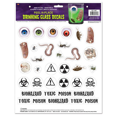 Drinking Glass Decals Peel N Place (Pack of 12) Drinking Glass Decals Peel N Place, decoration, halloween, finger, eyes, bugs, wholesale, inexpensive, bulk