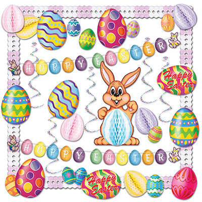 Easter decorating kit with cutouts of eggs, tissue garland and banner that says "Happy Easter".