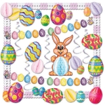 Easter decorating kit with cutouts of eggs, tissue garland and banner that says "Happy Easter".