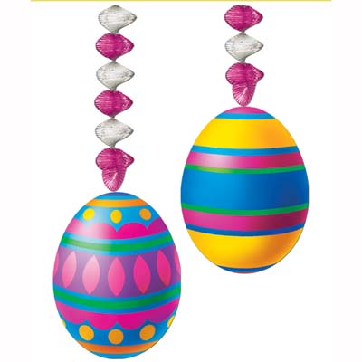Foil danglers in silver and cerise color with decorative hanging Easter eggs.