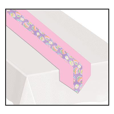 Pink table runner with a purple center and decorative Easter eggs.