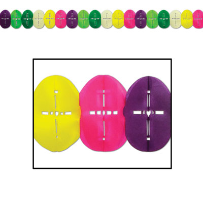 Tissue material shaped in an egg shape with assorted colors for an Easter decoration.