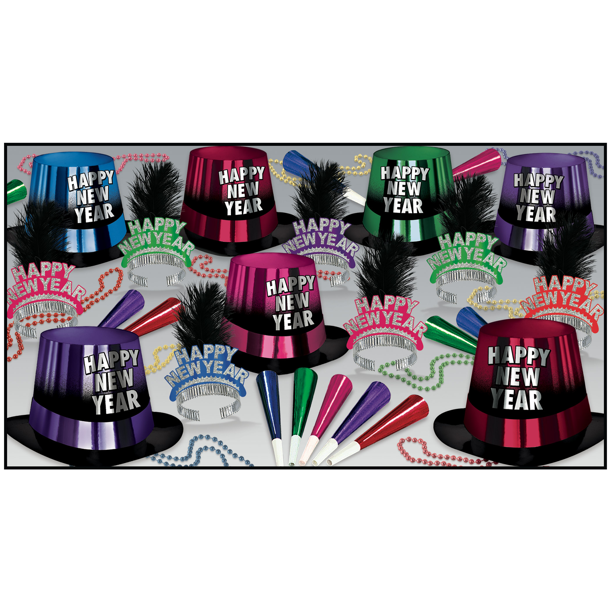 bright colored nye party kit for 50 with bright colored nye hats, tiaras, horns, and beads