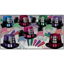 bright colored nye party kit for 50 with bright colored nye hats, tiaras, horns, and beads
