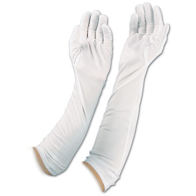 White evening gloves made of fabric material.