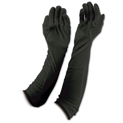 Black evening gloves made of fabric material.