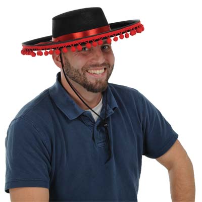 Spanish hat made of felt material with red accents. 