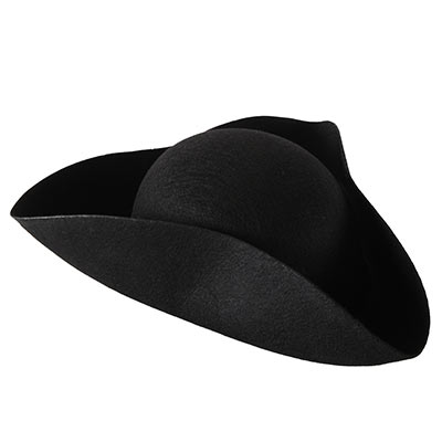 Black tricorn hat covered in felt material.