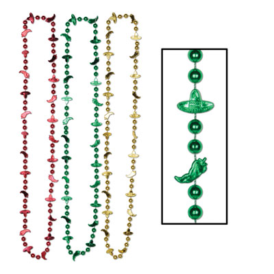 Fiesta Beads with round small beads, chili peppers, and sombreros in red, green and gold.