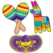 Cutouts for a fiesta of maracas, sombrero, and a pinata.