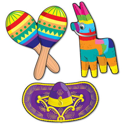 Cutouts for a fiesta of maracas, sombrero, and a pinata.