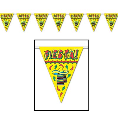 Pennant banner with each pennant reading "Fiesta" with a sombrero and printed chili and cacti.