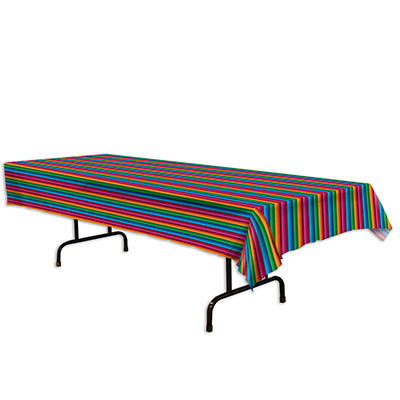 Tablecover printed with bright neon colored stripes.