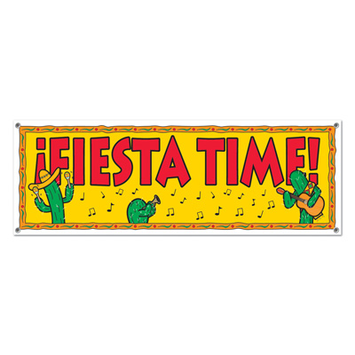Yellow banner pronouncing "Fiesta Time" with cacti printed playing instruments.