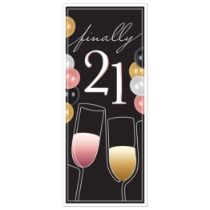 Finally 21 Door Cover (Pack of 12) Finally 21 Door Cover – Pack of 12. Features a 6' x 30" all-weather design in Black, Gold, Pink, and White with a “finally 21” message. Perfect for 21st birthday parties and milestone décor.