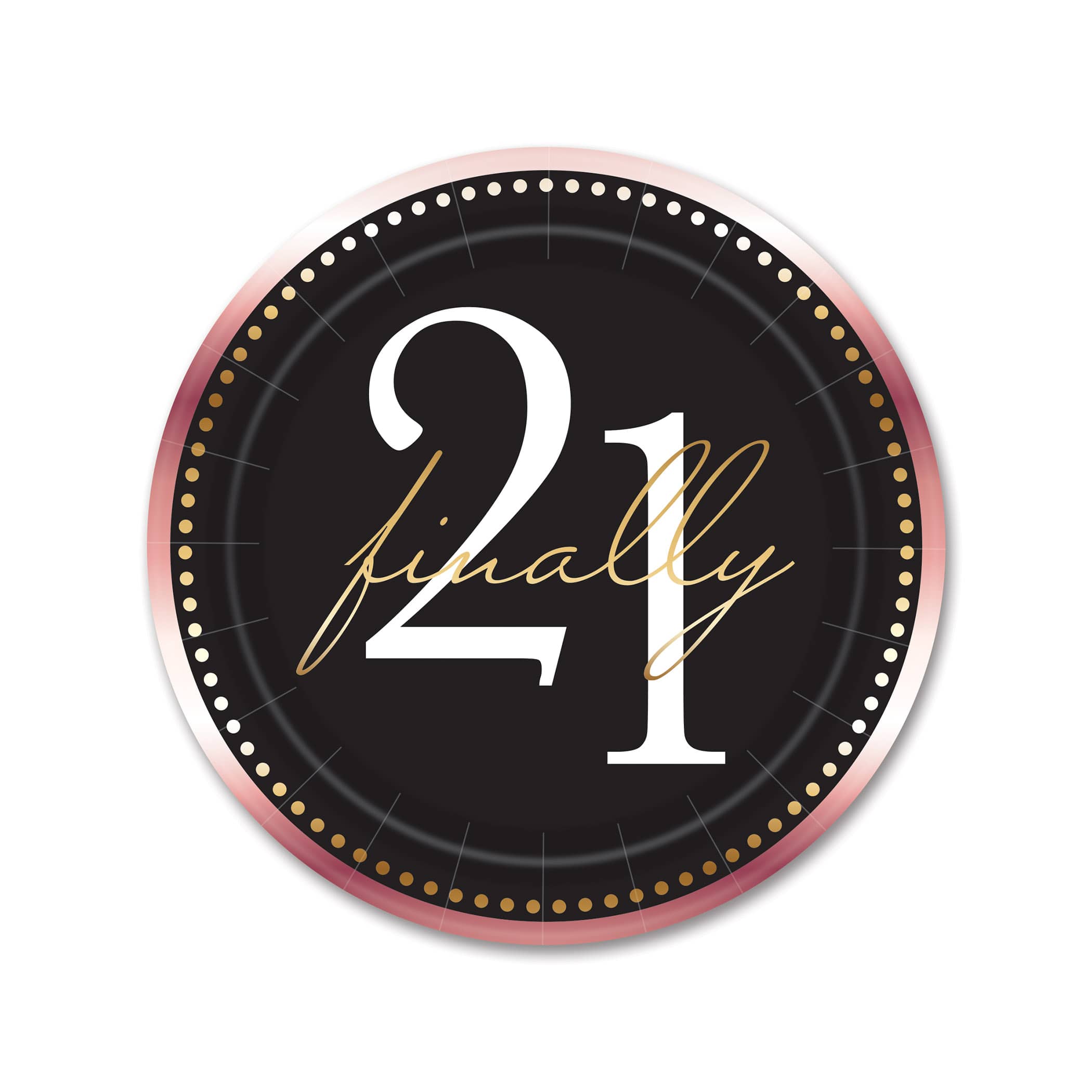 Finally 21 Plates (Pack of 96) finally 21 plates, 7 inch 21st birthday plates, milestone dessert plates, black gold pink party plates, 21st birthday tableware, finally 21 decorations, 21st birthday supplies