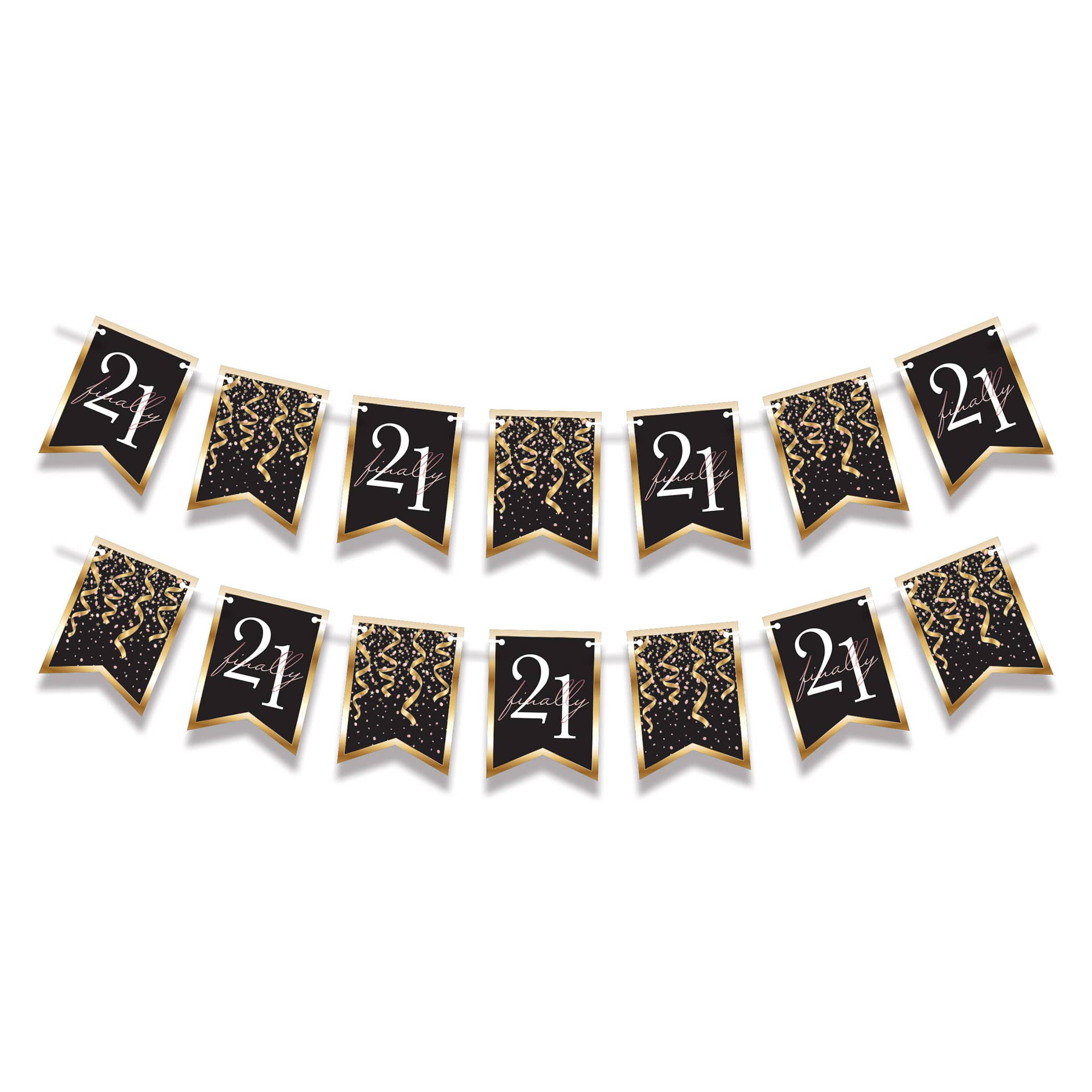 Finally 21 Streamer (Pack of 12) finally 21 streamer, 21st birthday banner, milestone pennant streamer, black gold pink party décor, 6 x 8 streamer, printed cardboard pennants, 21st birthday decorations
