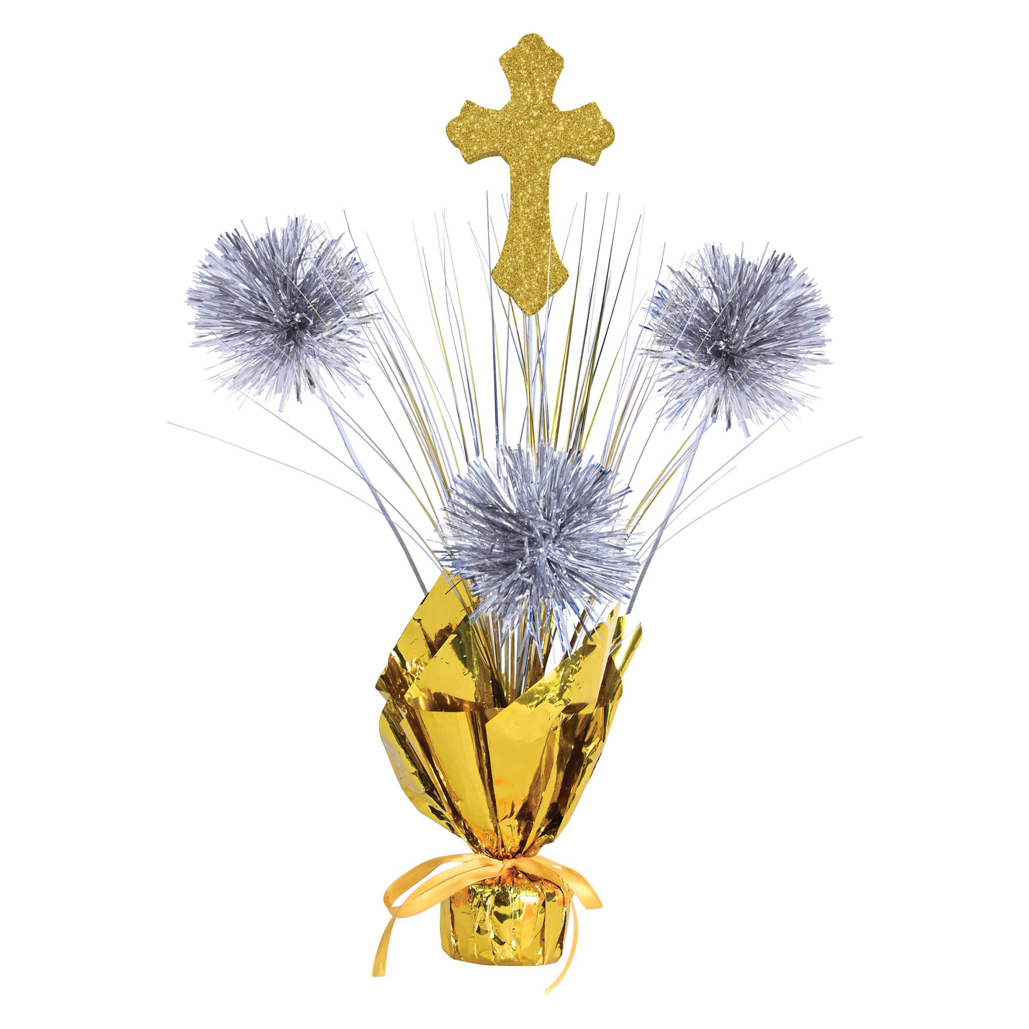 First Communion Gleam N Spray Centerpiece (Pack of 12) first communion centerpiece, religious table décor, gold silver centerpiece, glitter cross decoration, communion party supplies, gleam n spray centerpiece, Party Express communion décor