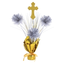 First Communion Gleam 'N Spray Centerpiece (Pack of 12) first communion centerpiece, religious table décor, gold silver centerpiece, glitter cross decoration, communion party supplies, gleam n spray centerpiece, Party Express communion décor