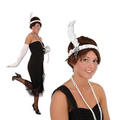 White flapper headband with white plume feather.